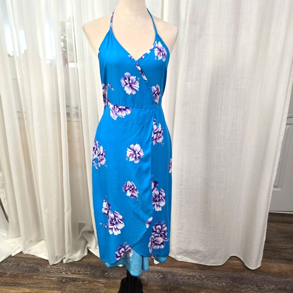 2/$30 VTG Y2K Sky Blue Hawaiian‎ Tropical Floral Halter Dress Size S Resortwear